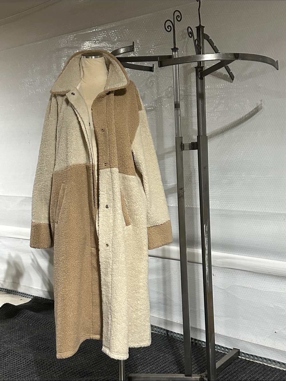 Cost Plus World Market Two-Tone Beige & Cream Teddy Sherpa Coat